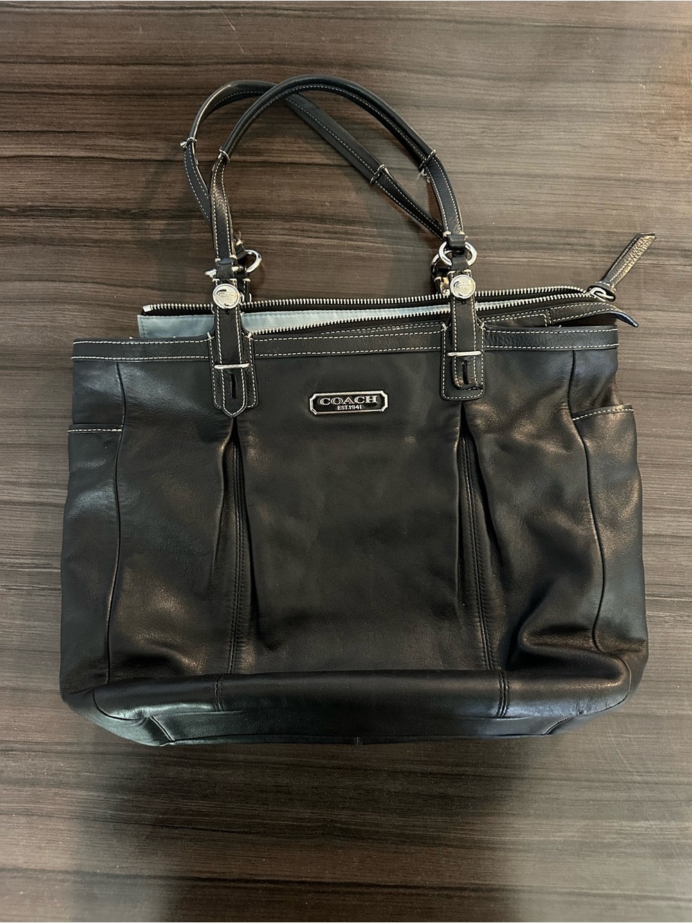Coach Black Leather Shoulder Tote with Silver Hardware